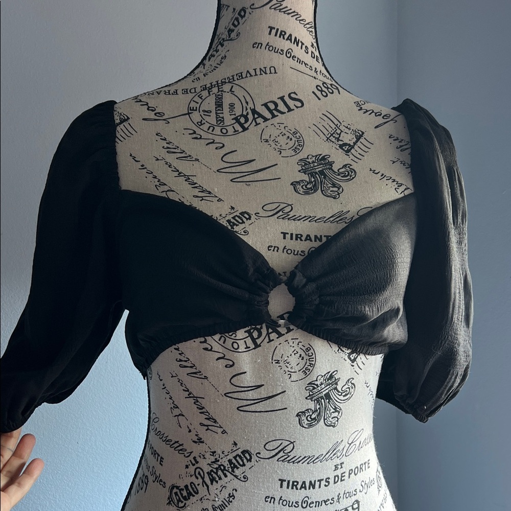 Backless Puff Sleeve Black Crop Top with Ring Detail Boho Milkmaid